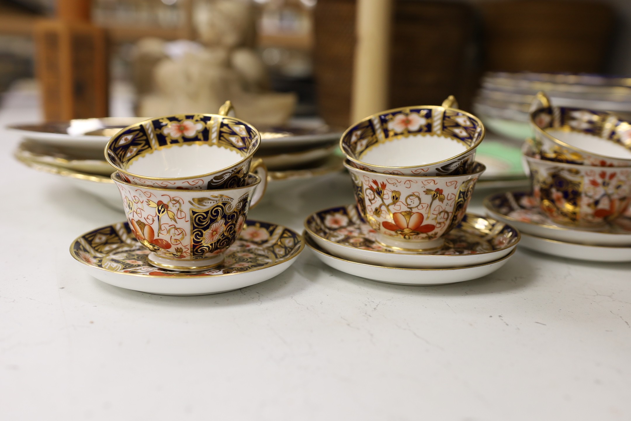 A selection of mixed 19th century ceramics, to include A Wedgwood aesthetic period part dessert service, Royal Crown Derby tea ware, a silver mounted decanter, etc.